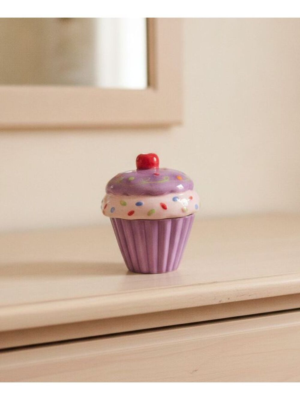 Ceramic Cupcake Trinket Jar – Purple Base, Sprinkle Frosting, Cherry Top w/ Box